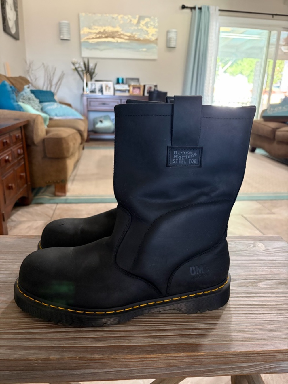 Dr. Martens Black Steel Toe Pull On Work Boots with Yellow Stitching